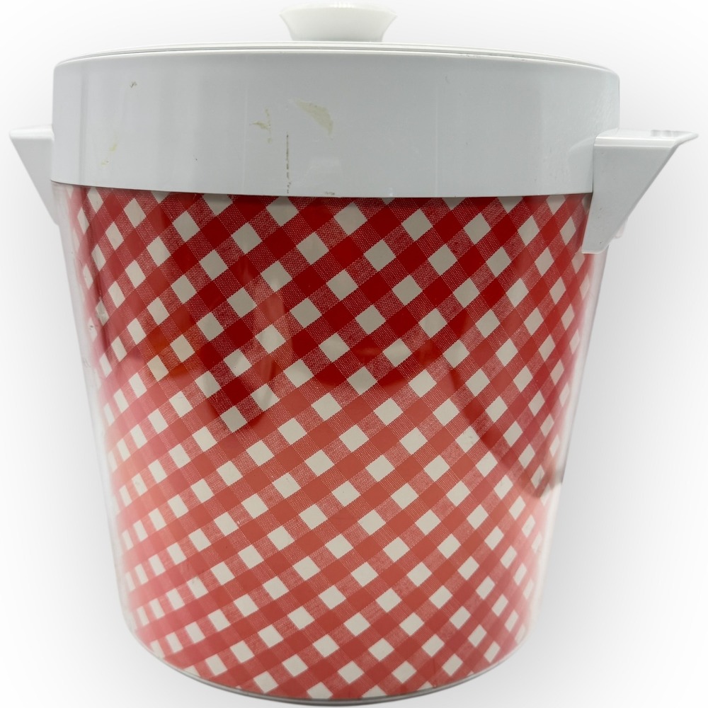 Vintage Thermo Serv West Bend Ice Bucket Red White Gingham Checkered Picnic MCM